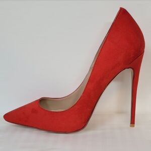 FSJ Red Vegan Suede Shoes Pointy Toe Stiletto Heel Pumps